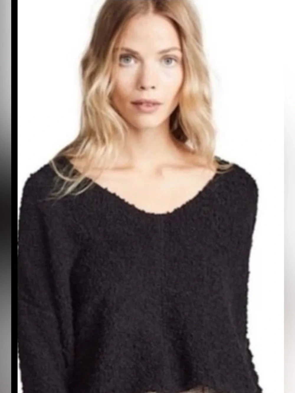 Free People Black V-Neck Fuzzy Knit Sweater Size XS